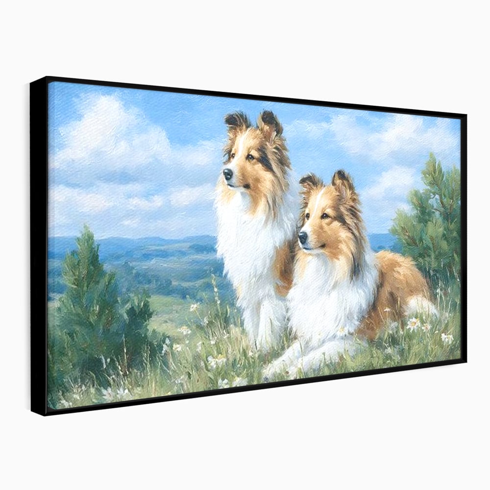 Tablou canvas cu tablou canvas cu doi caini ciobanesti pe un deal, in rama de aluminiu negru